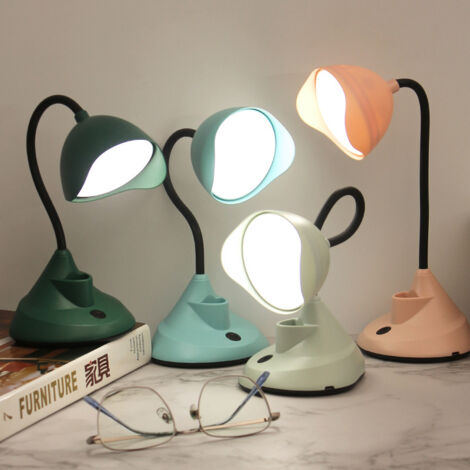 Lampe de bureau LED flexible à col de cygne avec port de chargement USB, porte-stylo et support pour téléphone portable, couleurs aléatoires