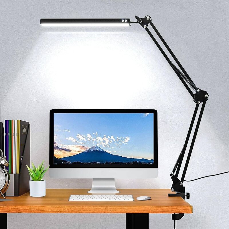 Linghhang - Lampe de bureau led, lampe à bras oscillant, avec luminaire, intensité variable, 3 modes de couleur et 10 luminosité réglables, lampe de