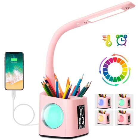 Lampe de Bureau LED, Lampe de Bureau Enfant avec Horloge, Réveil, Calendrier, Thermomètre, RGB et Porte-Stylo, Lumière Réglable Protégeant les Yeux, Lampe Bureau pour Enfants Fille Garçon Ado - Rose