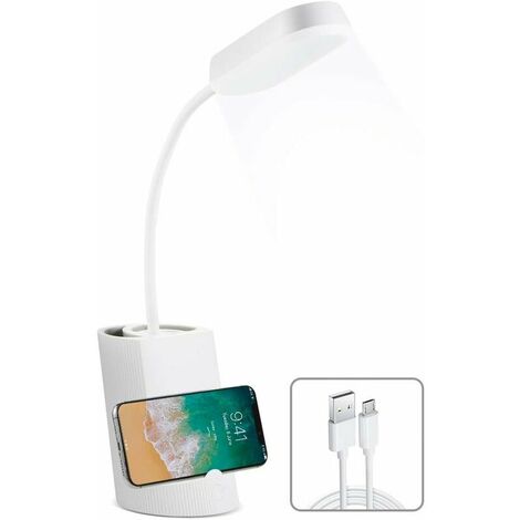 Lampe de Bureau LED, Lampe de Bureau Enfant Tactile Dimmable 3 Niveaux de LuminositéRe Chargeable Desk Lamp Sans Fil, Porte-Stylo et Support - Blanc