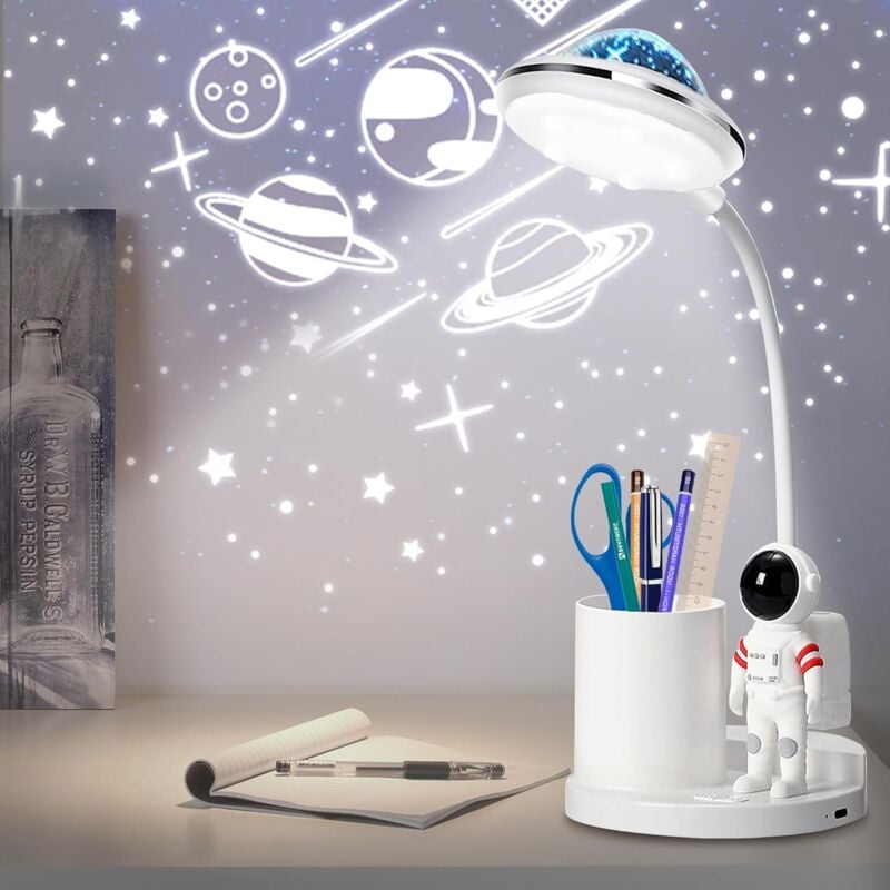 Lampe de bureau LED, lampe de table astronaute avec porte-stylo et projection, lampe de table LED réglable, lampes de bureau rechargeables à
