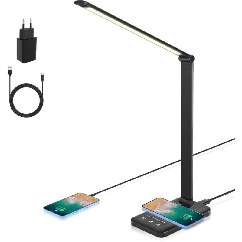 Ersandy - Lampe de Bureau led, Lampe de Table Dimmable Charge sans fil 7.5 w et Port de Charge usb Lampe de Lecture Pour la Protection des Yeux, 5