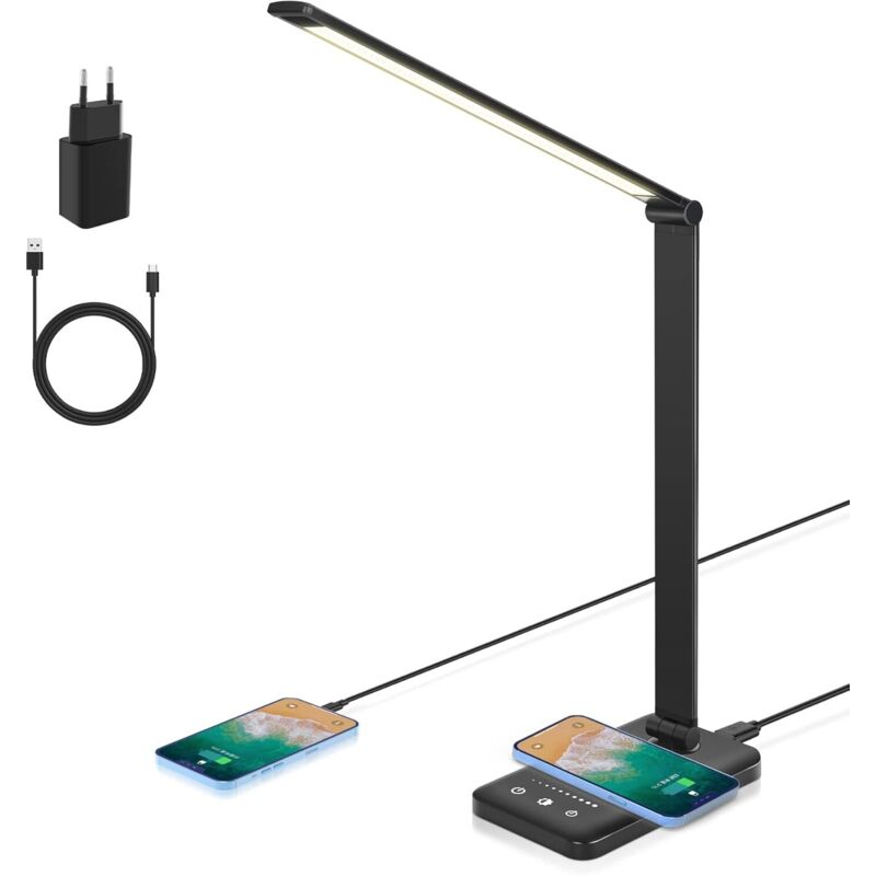 Lampe de Bureau LED, Lampe de Table Dimmable Charge sans fil 7.5 W et Port de Charge USB Lampe de Lecture Pour la Protection des Yeux, 5 Niveaux de