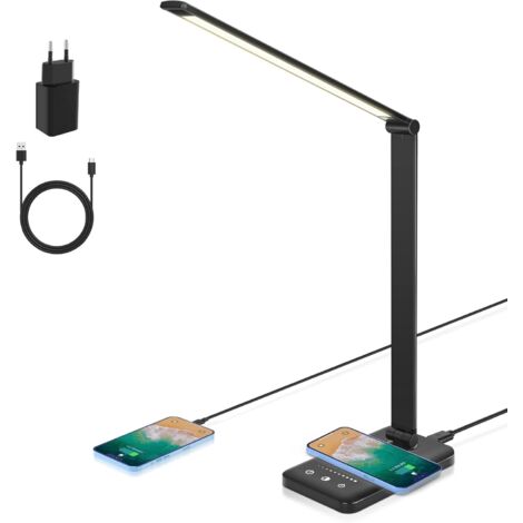 Lampe de Bureau LED, Lampe de Table Dimmable Charge sans fil 7.5 W et Port de Charge USB Lampe de Lecture Pour la Protection des Yeux, 5 Niveaux de Luminosité, 5 Couleurs Lampe [Classe énergétique F]