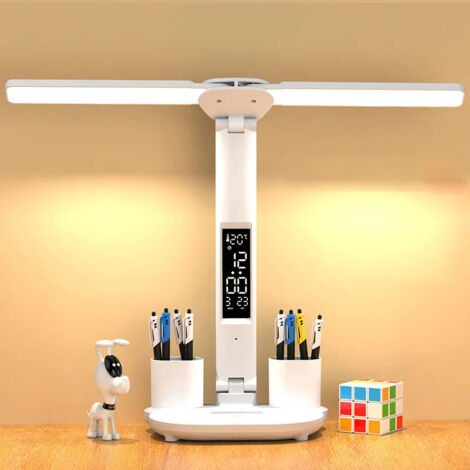 Lampe de bureau LED Lampe de Table USB Double Tête Dimmable Luminosité avec Porte Stylo, Écran Heure/Calendrier/température