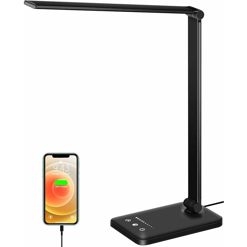 Jusch - Lampe de Bureau led, Lampes de Table Dimmable 10 Niveaux de Luminosité 5 Modes de Couleur, Contrôle Tactile Protection des Yeux, Avec Port