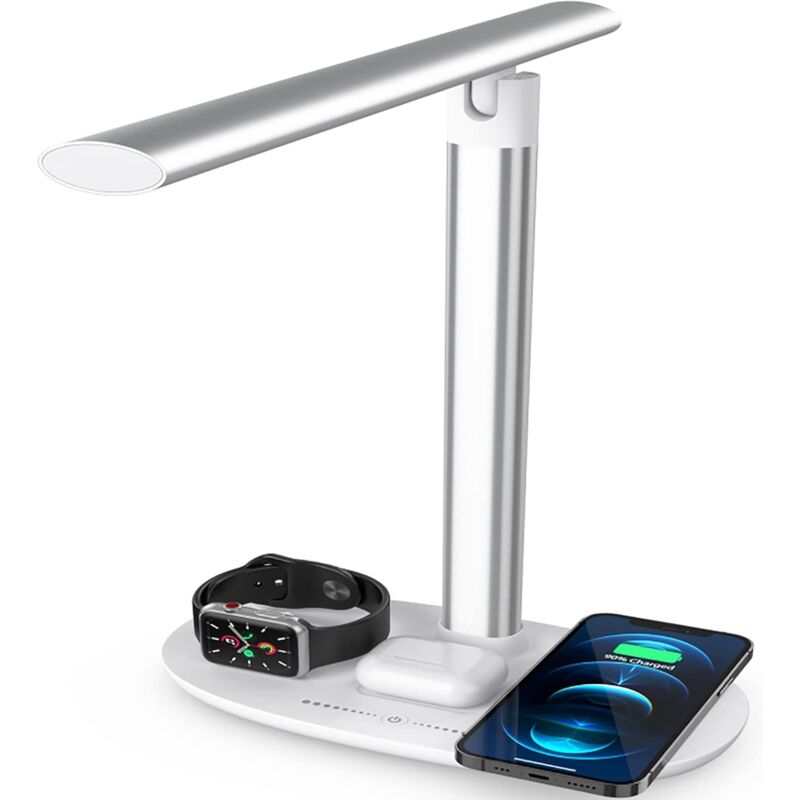 Lampe de Bureau LED multifonctionnelle, Lampes de Table 4 en 1 à intensité Variable avec Protection des Yeux avec Charge Mobile sans Fil 15 W,