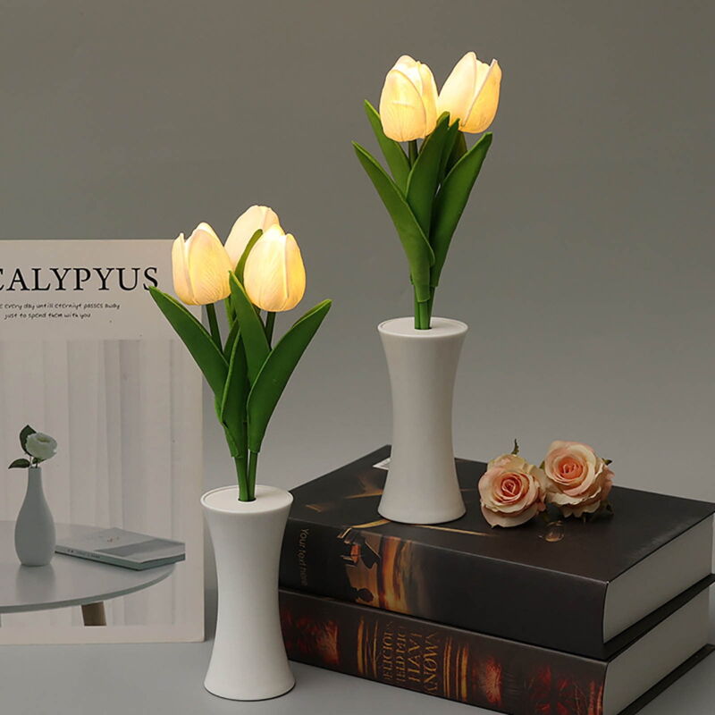 Lampe de bureau led, petite veilleuse à fleurs artificielles, faux bouquet, 3 têtes avec vase en céramique, pour chambre à coucher, lampe de chevet,