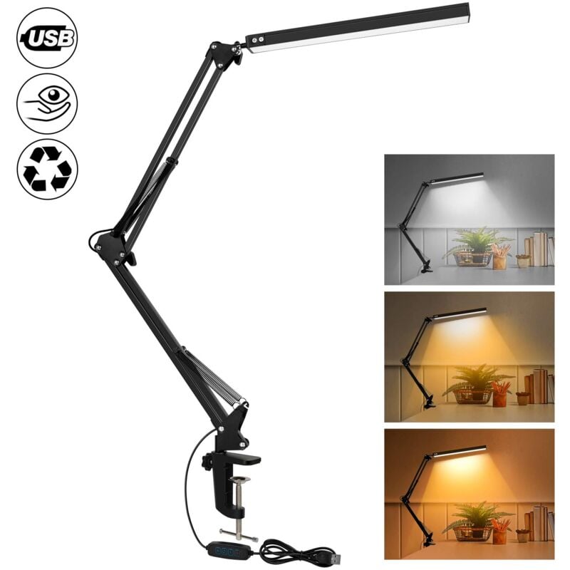 Jusch - Lampe de bureau led puissante avec clip - Lumière led de protection des yeux - 3 modes d'éclairage x 10 niveaux de luminosité - Noir