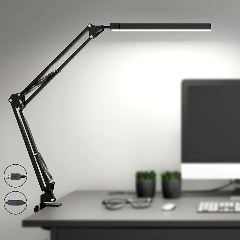 Lampe de Bureau LED Puissante avec clip - Protection des yeux Lampe LED - 3 modes d'éclairage x 10 niveaux de luminosité - Noir [Classe énergétique F]
