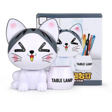 Lampe de bureau LED rechargeable avec protection oculaire, design tirelire, veilleuse, porte-stylo, cadeau USB - Thème chat, 16,5 x 11 x 18 cm