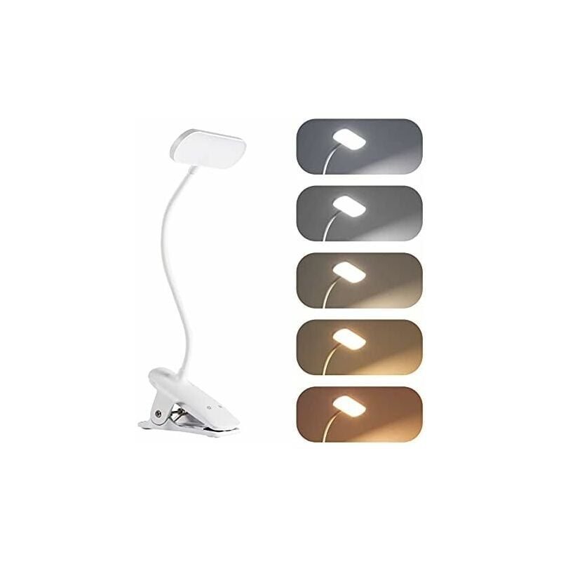 Lampe de bureau LED rechargeable sans fil à clipser avec 36 LED liseuse 5 températures de couleur et 5 luminosités flexible réglable à 360° pour lit,