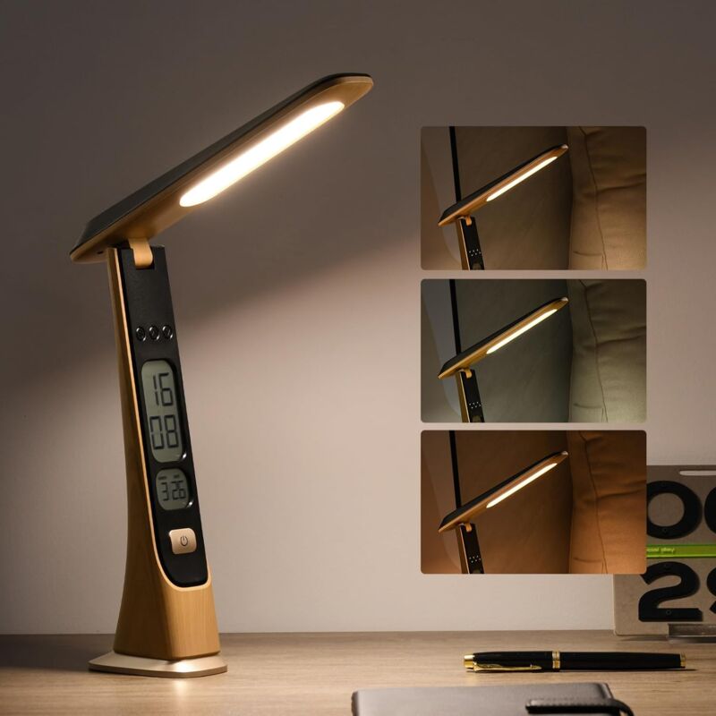 Lampe de bureau LED rechargeable, sans fil, à intensité variable, alimentée par batterie, alimentée par USB, avec horloge numérique et commandes