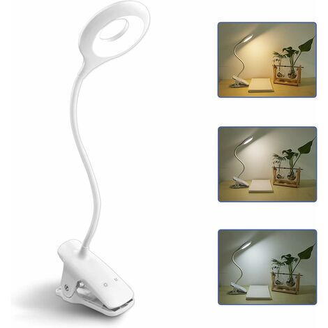 MEZHENG Lampe de Bureau LED sans Fil Rechargeable, 3 Couleur et 3 Intensité Réglables, Lampe de Chevet Tactile avec Pince pour Enfants, 28 LEDs, Portable Lampe de Lecture Clipsable pour Livre au Lit, Blanche