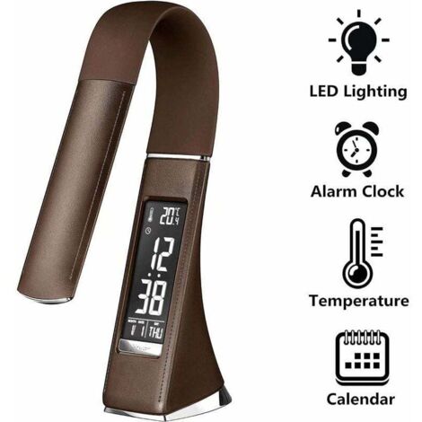 Lampe de bureau LED U2 5W, écran dimmable, lampe de table avec réveil, calendrier, affichage de l'heure et de la température, lampe de chevet avec 3 niveaux de luminosité dimmable, café (marron) LangR