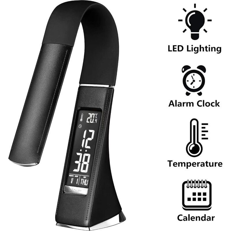Lampe de bureau led U2 5W, écran dimmable, lampe de table avec réveil, calendrier, affichage de l'heure et de la température, lampe de chevet avec 3