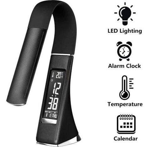 Lampe de bureau LED U2 5W, écran dimmable, lampe de table avec réveil, calendrier, affichage de l'heure et de la température, lampe de chevet avec 3 niveaux de luminosité dimmables, noir [classe énerg