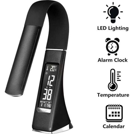Lampe de bureau LED U2 5W, écran dimmable, lampe de table avec réveil, calendrier, affichage de l'heure et de la température, lampe de chevet avec 3 niveaux de luminosité dimmables, noir [classe énerg