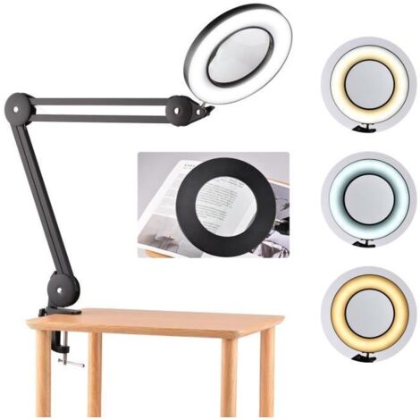 Lampe de bureau loupe LED 5X avec pince Bras pivotant en métal réglable 10 Luminosité à intensité variable 3 modes de couleur