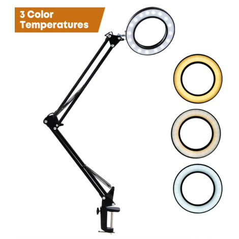 Lampe de bureau magnifiante à bras articulé USB, lumière réglable 3 températures et effet 5x