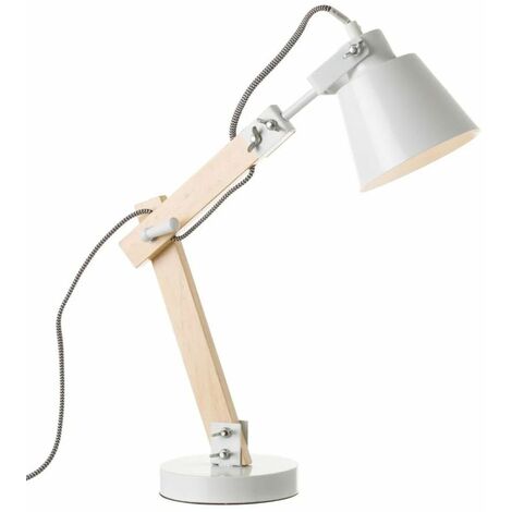 Lampe de Bureau Métal Blanc et Bois - Hauteur 43cm