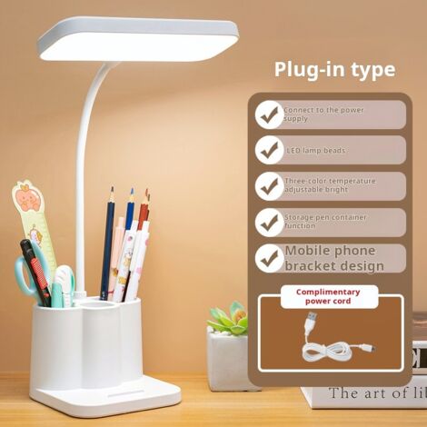 Lampe de bureau moderne alimentée par USB avec commande tactile, variateur 3 couleurs, porte-stylo, lampe de bureau pour étudiant ou employé de bureau