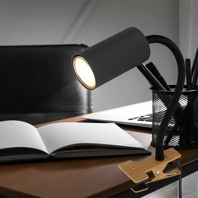 Etc-shop - Lampe de bureau à pince col de cygne lampe de lecture pince de lit pince lampe de bureau, plastique métal aspect bois graphite, 1x GU10,