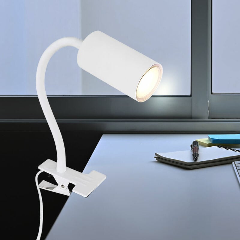 Lampe de bureau à pince col de cygne lampe de lecture pince de lit pince lampe de bureau, plastique métal blanc, 1x GU10, LxPxH 29x10x41,5 cm