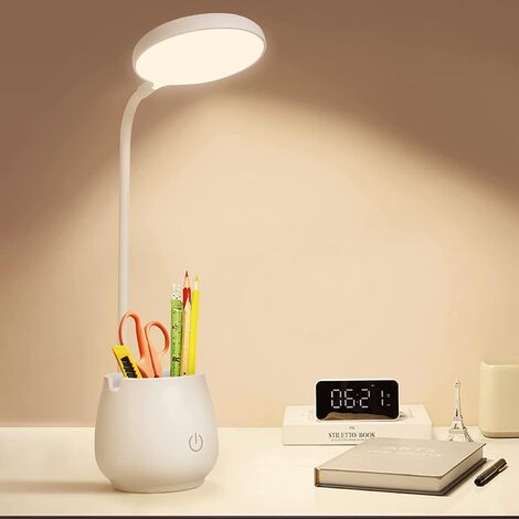 Lampe de bureau pour dortoir de bureau à domicile, petite lampe de bureau LED rechargeable avec support pour stylo/téléphone, petite lampe de bureau Eye Care, 3 modes d'éclairage de couleur, veilleuse