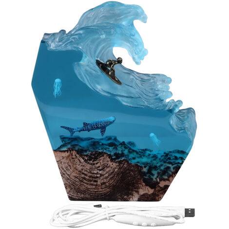 Lampe de bureau résine océanique LED avec scène de plongeur et requins, lumière douce USB 5V, décoration cadeau pour salon bureau