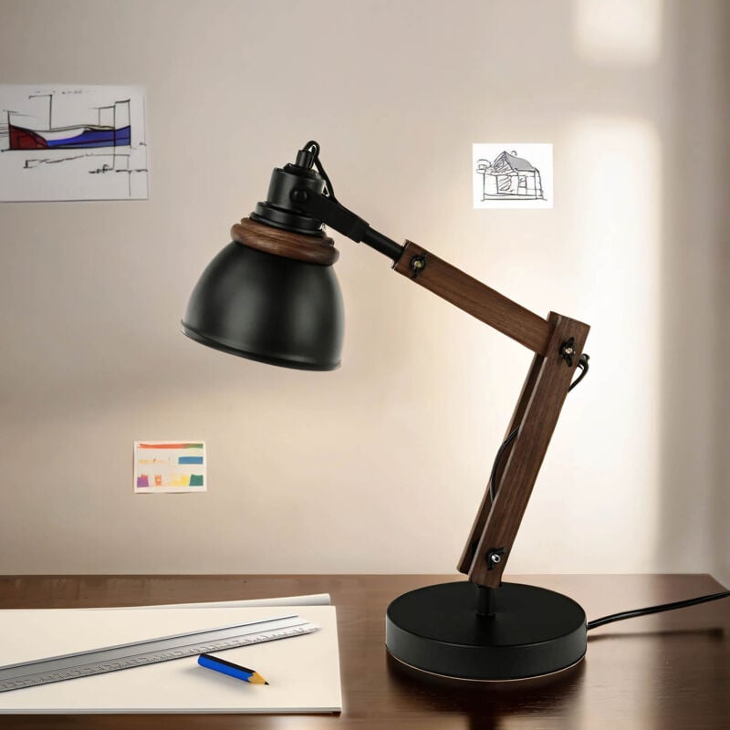 Lampe de bureau réglable rétro métal bois E14