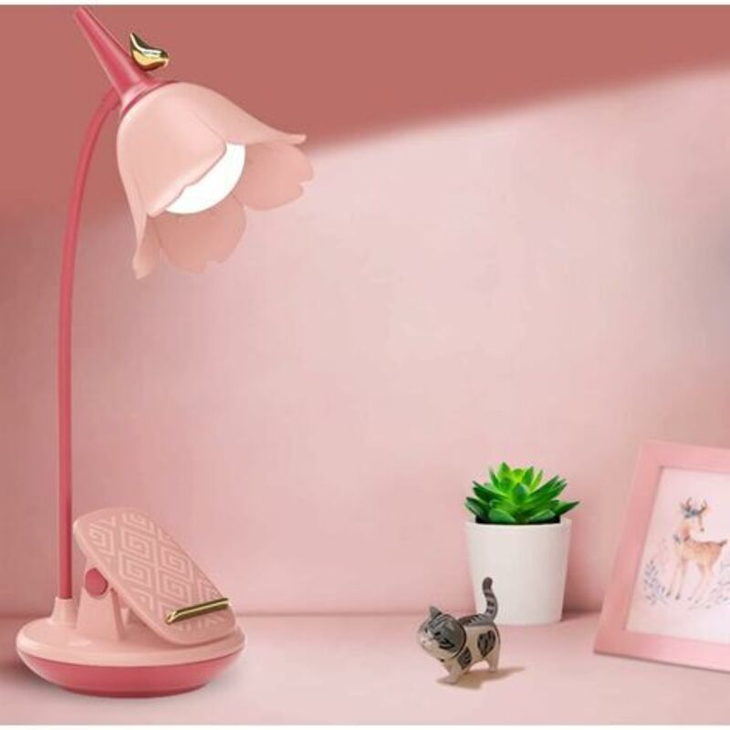 Lampe de bureau rose avec pince, petite lampe de bureau LED rechargeable, col de cygne réglable, lampe de bureau mignonne à intensité variable