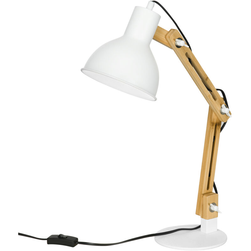 Lampe de bureau style vintage, bambou, bras pivotant réglable, blanc et naturel