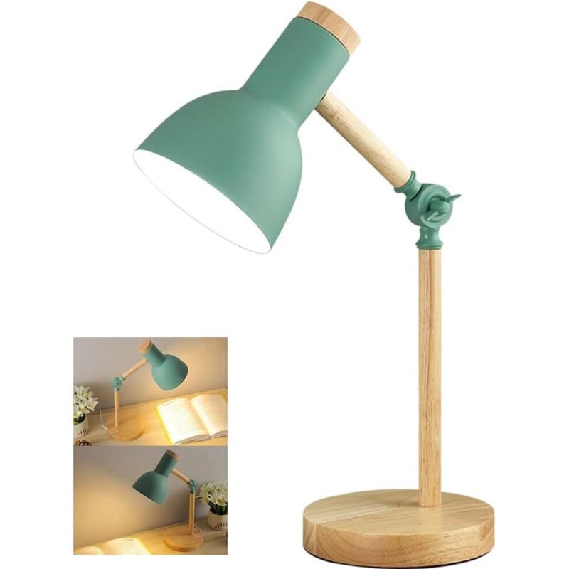 Lampe de Bureau Vintage en Bois et Métal, Abat-jour Vert, Bras Réglable, Style Rétro, Douille E27 - vert [Classe énergétique D]