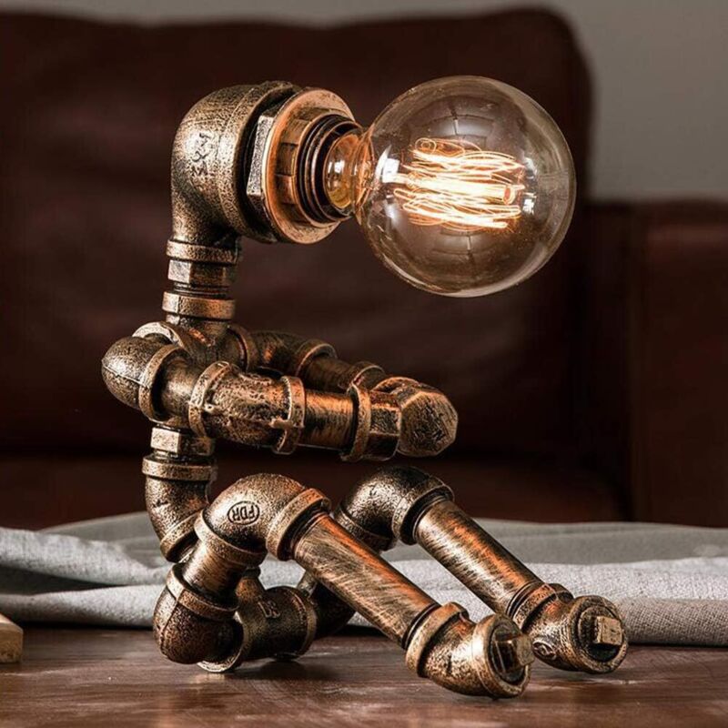 Lampe de bureau vintage rétro industrielle en fer avec tuyaux d'eau, robot steampunk,prise de type européen(ampoule non incluse)