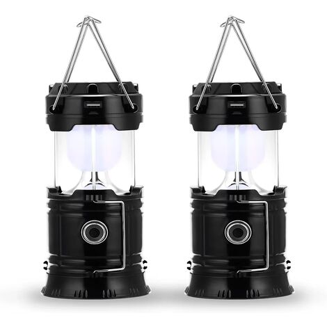 Lampe de camping à LED, prise et rechargeable solaire, avec batterie externe, étanche et coupe-vent, pour randonnée, camping, urgence, ouragan, pêche de nuit, IP66 étanche, pack de 2 [Classe énergétiq