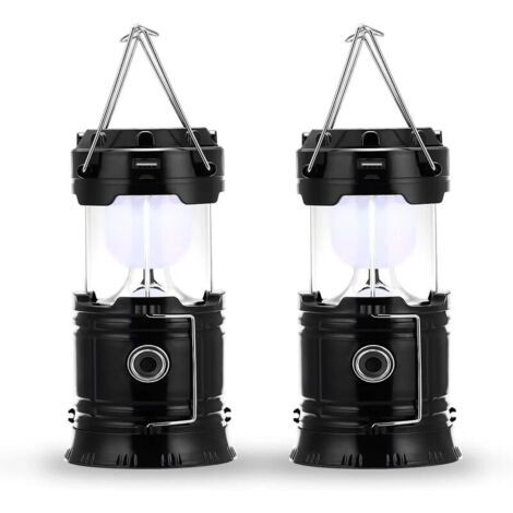 Lampe de camping à LED, prise et rechargeable solaire, avec batterie externe, étanche et coupe-vent, pour randonnée, camping, urgence, ouragan, pêche de nuit, IP66 étanche, pack de 2 [Classe énergétiq