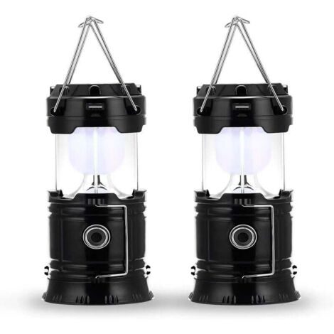 Lampe de camping à LED, prise et rechargeable solaire, avec batterie externe, étanche et coupe-vent, pour randonnée, camping, urgence, ouragan, pêche de nuit, IP66 étanche, pack de 2 [Classe énergétiq