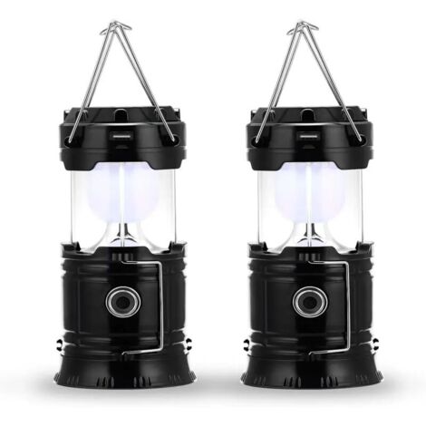 Lampe de camping à LED, prise et rechargeable solaire, avec batterie externe, étanche et coupe-vent, pour randonnée, camping, urgence, ouragan, pêche de nuit, IP66 étanche, pack de 2 [Classe énergétiq