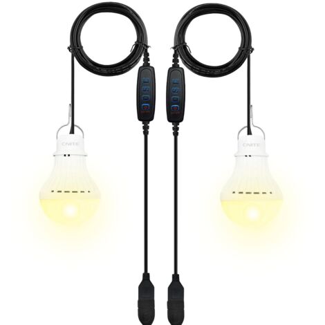 Lampe de camping LED avec interrupteur, 2 ampoules rechargeables de 7 W, lampe de tente à intensité variable, 3 modes d'éclairage 2700-5000 K, lumière d'urgence avec crochet, câble USB 6,2 m, lanterne