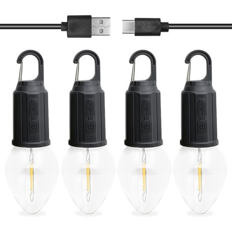 Lampe de camping rechargeable, 4 paquets d'ampoule de tente suspendue avec crochet, 3 Modes, pour le camping, la randonnée