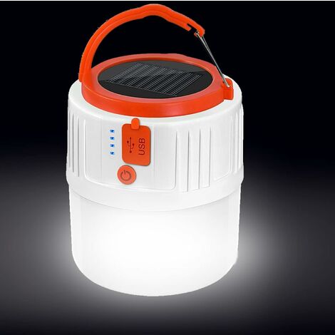 Lampe de camping solaire à LED Lanterne rechargeable par USB Projecteur de recherche étanche pour la randonnée, la pêche (Blanc)