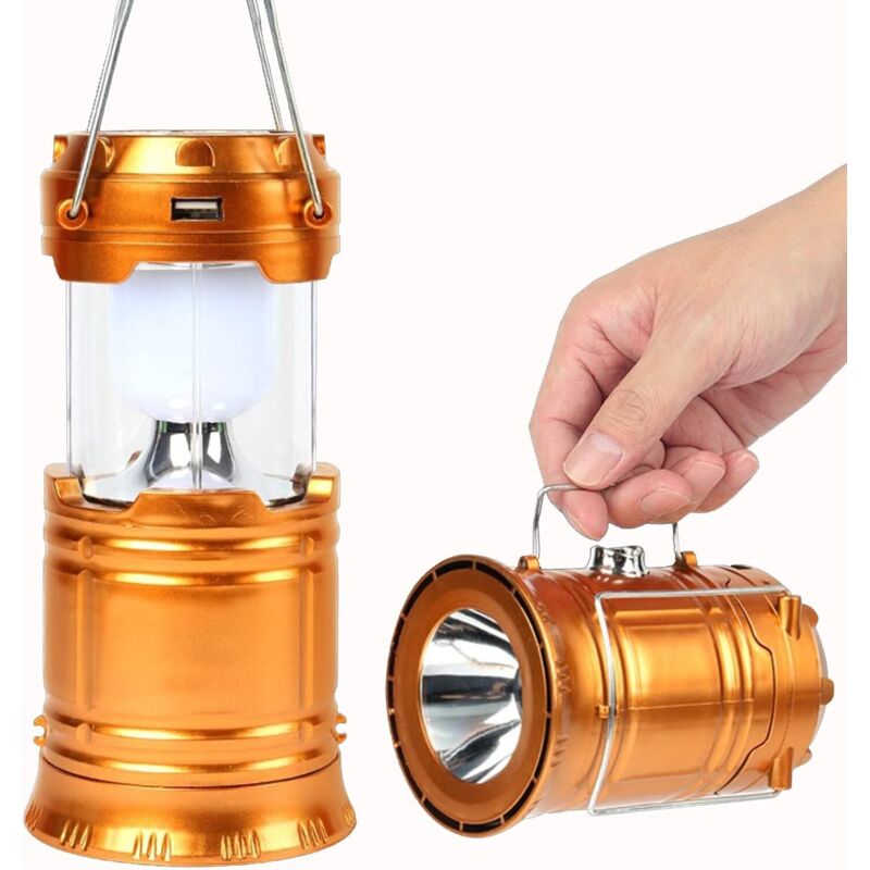 Lampe de camping solaire LED - Lampe de poche solaire rétractable - Lampe de poche LED - Avec batterie de 1200 mA et interface USB - Étanchéité IPX5