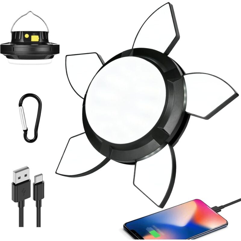 Lampe de camping solaire rechargeable, lampe de tente étanche 5 modes, ventilateur rétractable, lampe de tente portable avec batterie externe 4000mAh