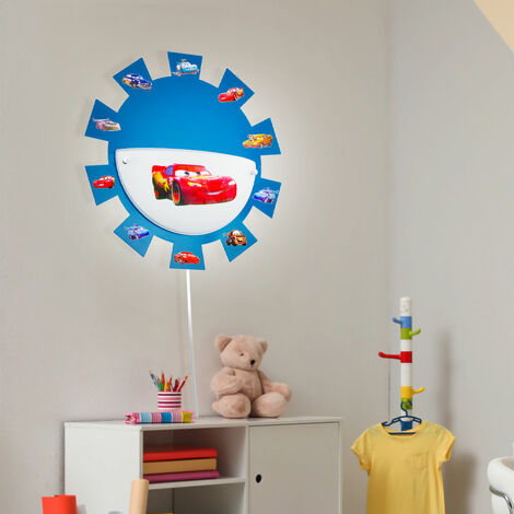 Lampe de chambre d'enfant, lampe de salle de jeux, applique murale, applique murale, lampe pour enfant, Cars Sticker, acier, verre, blanc, bleu, 1x douille E27, DxH 35x8cm