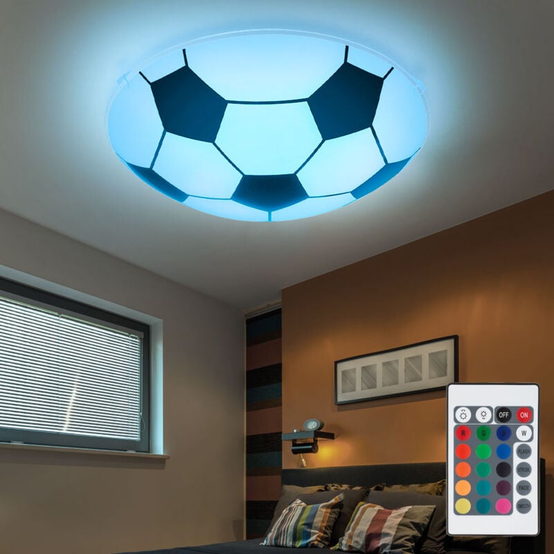 Lampe de chambre d'enfant Plafonnier Chambre à coucher Plafonnier Football, métal verre noir blanc, dimmable télécommande RGB LED changement de