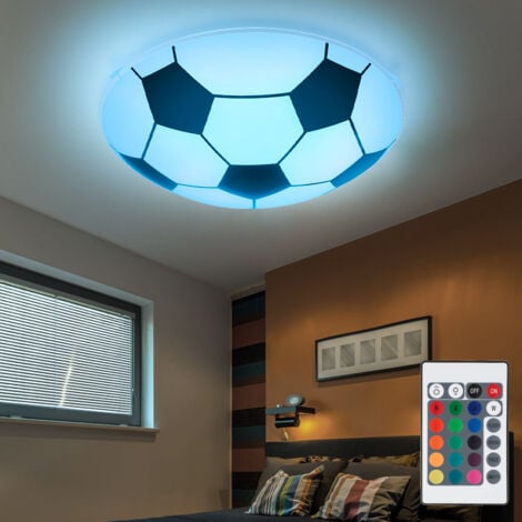 Lampe de chambre d'enfant Plafonnier Chambre à coucher Plafonnier Football, métal verre noir blanc, dimmable télécommande RGB LED changement de couleur, 8,5W 806Lm 3000K blanc chaud, D 30 cm
