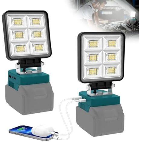 Lampe de Chantier pour Makita 18V, Lot de 2 5200LM Projecteur, 2 Modes 6000K Éclairage Chantier Portable avec Type C et USB pour Chantier, Garage, Camping, Pêche, Sans Batterie