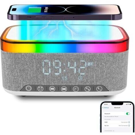 Lampe de Charge sans Fil, Reveil Chargeur Induction, Enceinte Bluetooth avec éclairage d'ambiance synchronisé avec la Musique, Réveil numérique,pour Chambre/Camping/décor de Salon