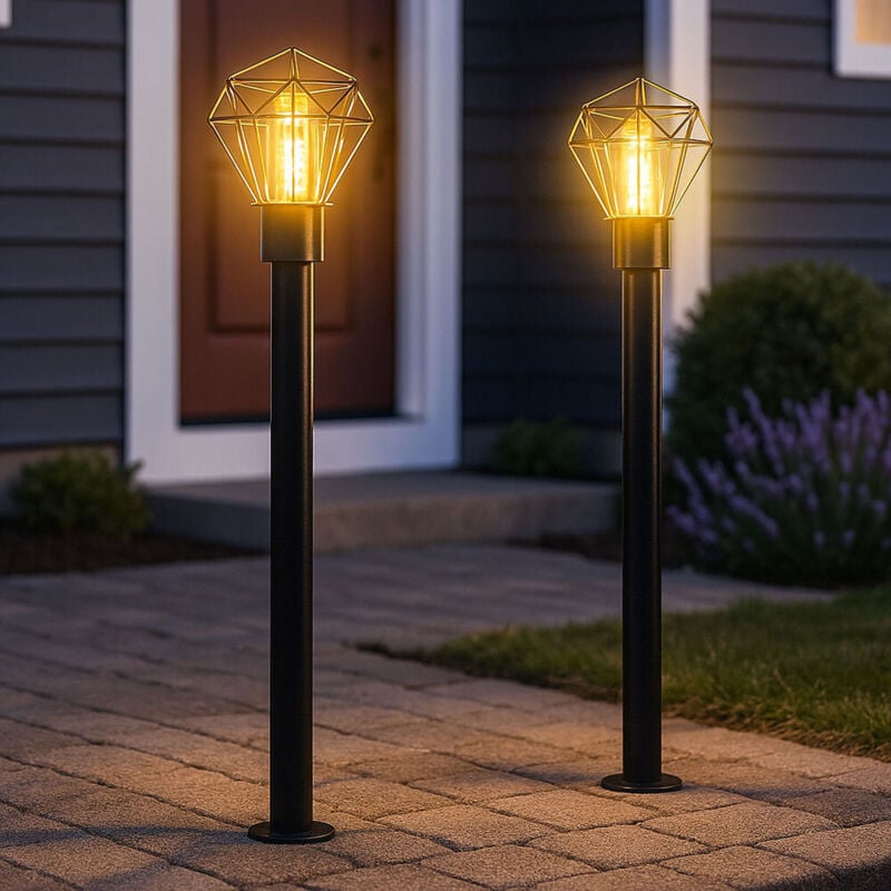 Lampe de chemin, lampe de terrasse, lampe d'extérieur, lampadaire industriel, lampe à pied en acier inoxydable noir, 1x E27, LxH 22,5x100 cm, lot de 2